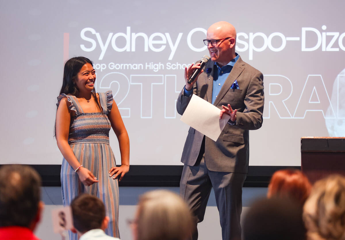 Chet Buchanan, professional radio and television host, speaks with twelfth grade winner Sydney ...