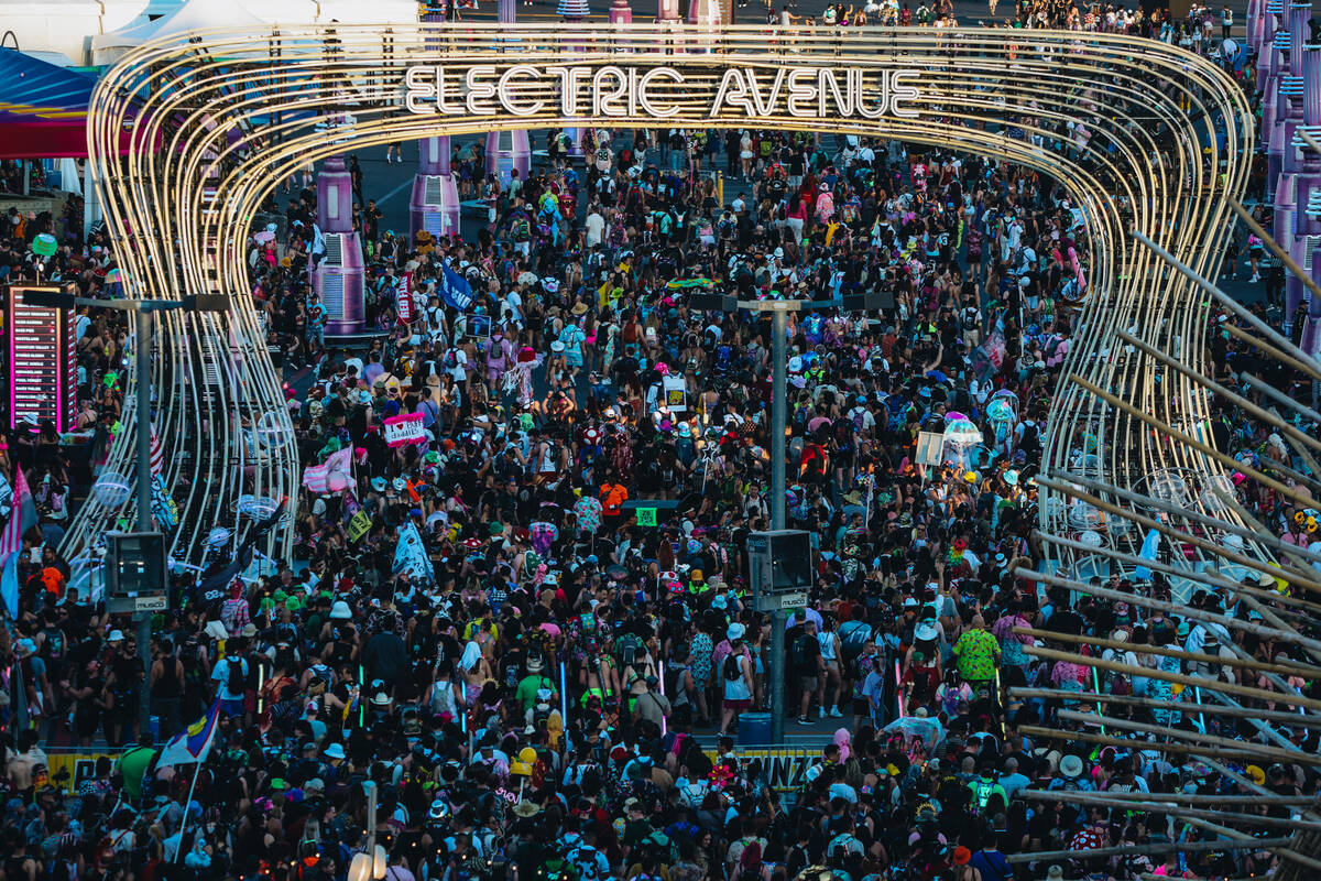 Festival attendees take in day one of Electric Daisy Carnival at the Las Vegas Motor Speedway o ...