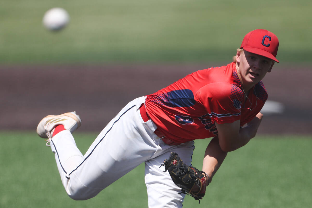 Coronado pitcher Dillon Victoravich (8) throws to Reno during a Class 5A baseball state tournam ...