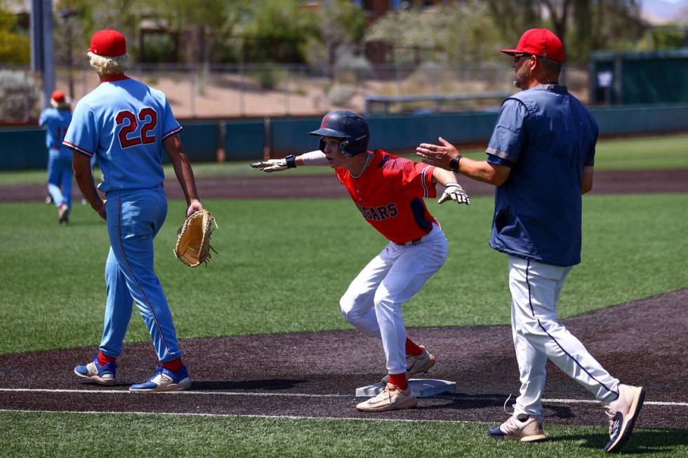 Coronado outfielder Vinny Kistle (3) celebrates after hitting a single during a Class 5A baseba ...