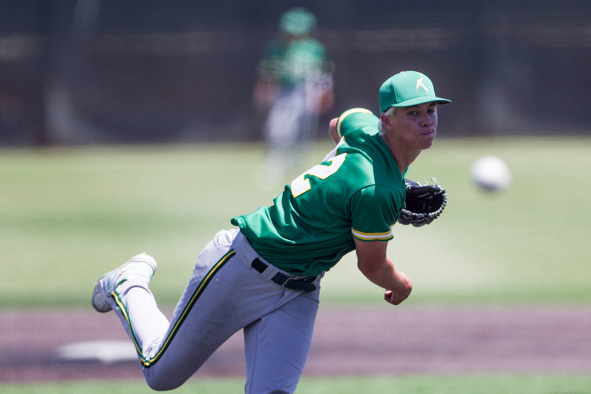 Bishop Manogue pitcher Keenan Dolan (22) throws to Palo Verde during a Class 5A baseball state ...