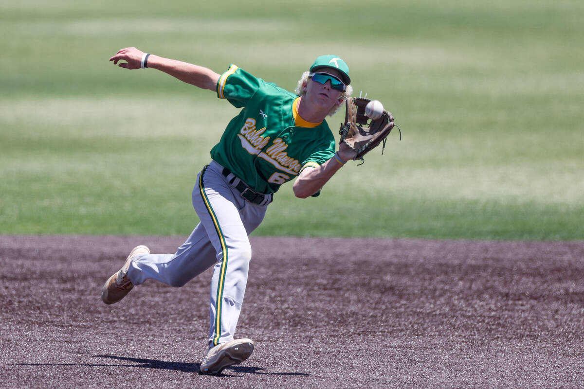 Bishop Manogue second baseman Cinco Guillen (6) catches for an out during a Class 5A baseball s ...