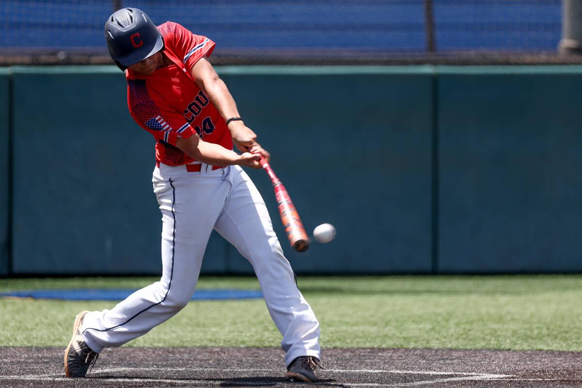 Coronado third baseman Jase Pashales (20) bats against Reno during a Class 5A baseball state to ...