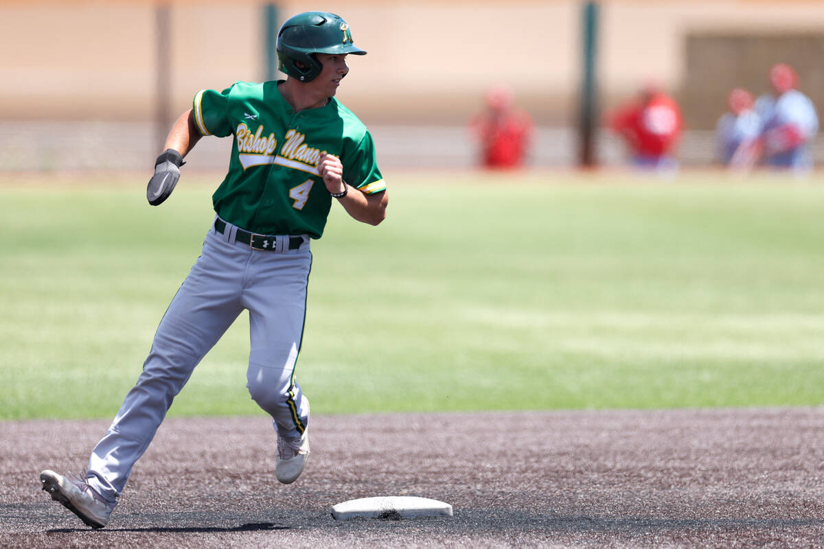 Bishop Manogue infielder Tony Caramella (4) rounds second base during a Class 5A baseball state ...