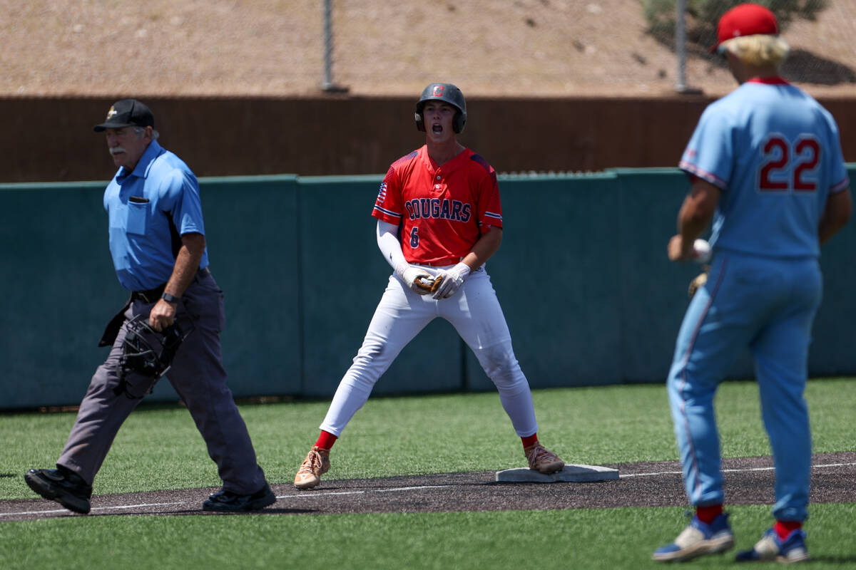 Coronado infielder Louis Dion (6) celebrates after making it to third base during a Class 5A ba ...