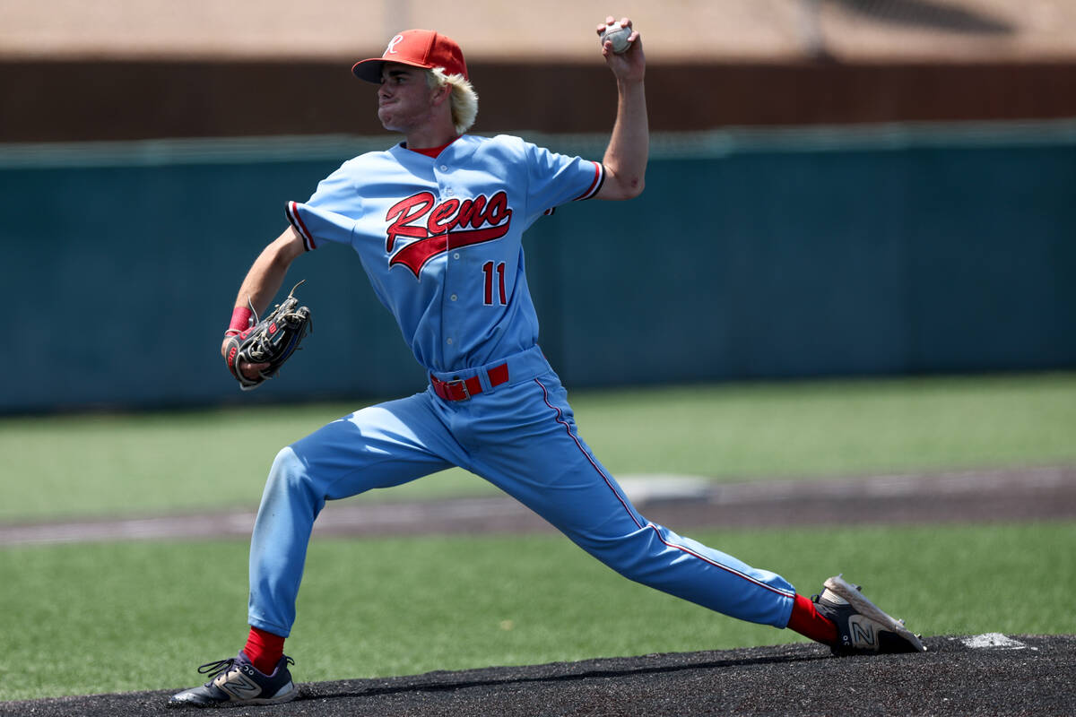 Reno pitcher Zackary Silverman throws to Coronado during a Class 5A baseball state tournament o ...