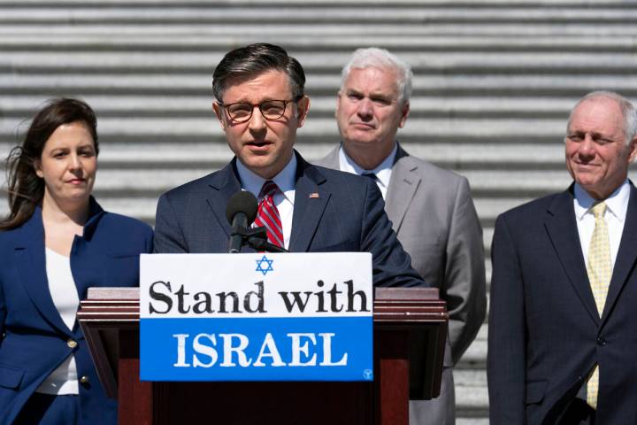 From left, GOP Conference Chair Elise Stefanik, R-N.Y., Speaker of the House Mike Johnson, R-La ...