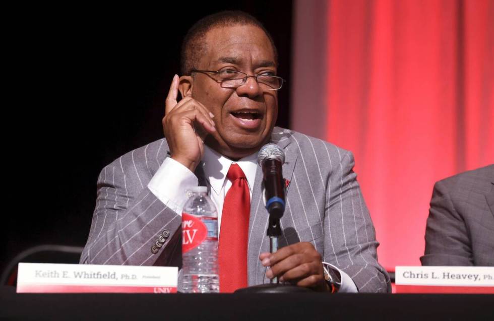 UNLV President Keith Whitfield speaks to faculty and staff during an all hands meeting in the S ...