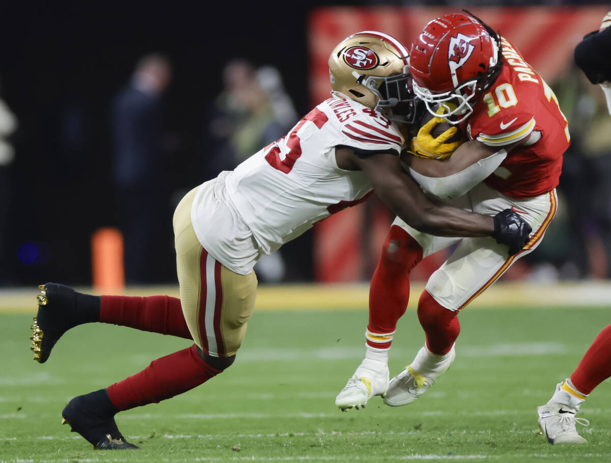 San Francisco 49ers linebacker Demetrius Flannigan-Fowles (45) stops Kansas City Chiefs running ...