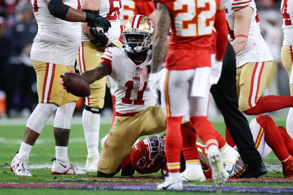 San Francisco 49ers wide receiver Brandon Aiyuk (11) gestures for a first down during the secon ...