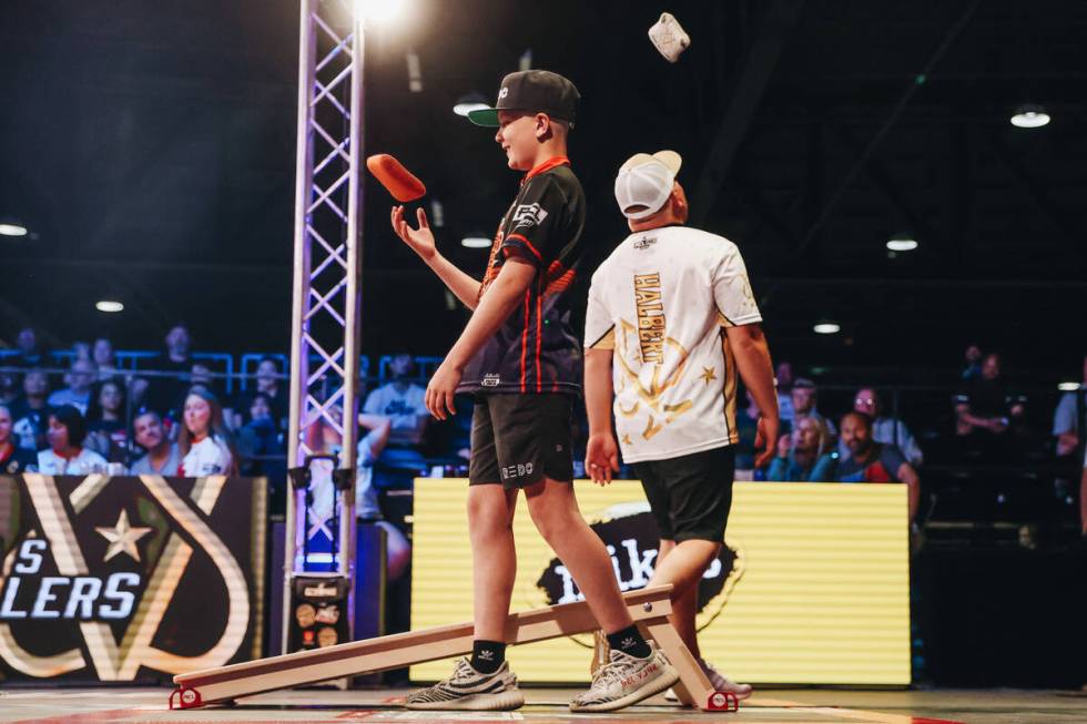 The Texas Bully Baggers’ Brayden Wilson cheers during a professional cornhole matchup against ...