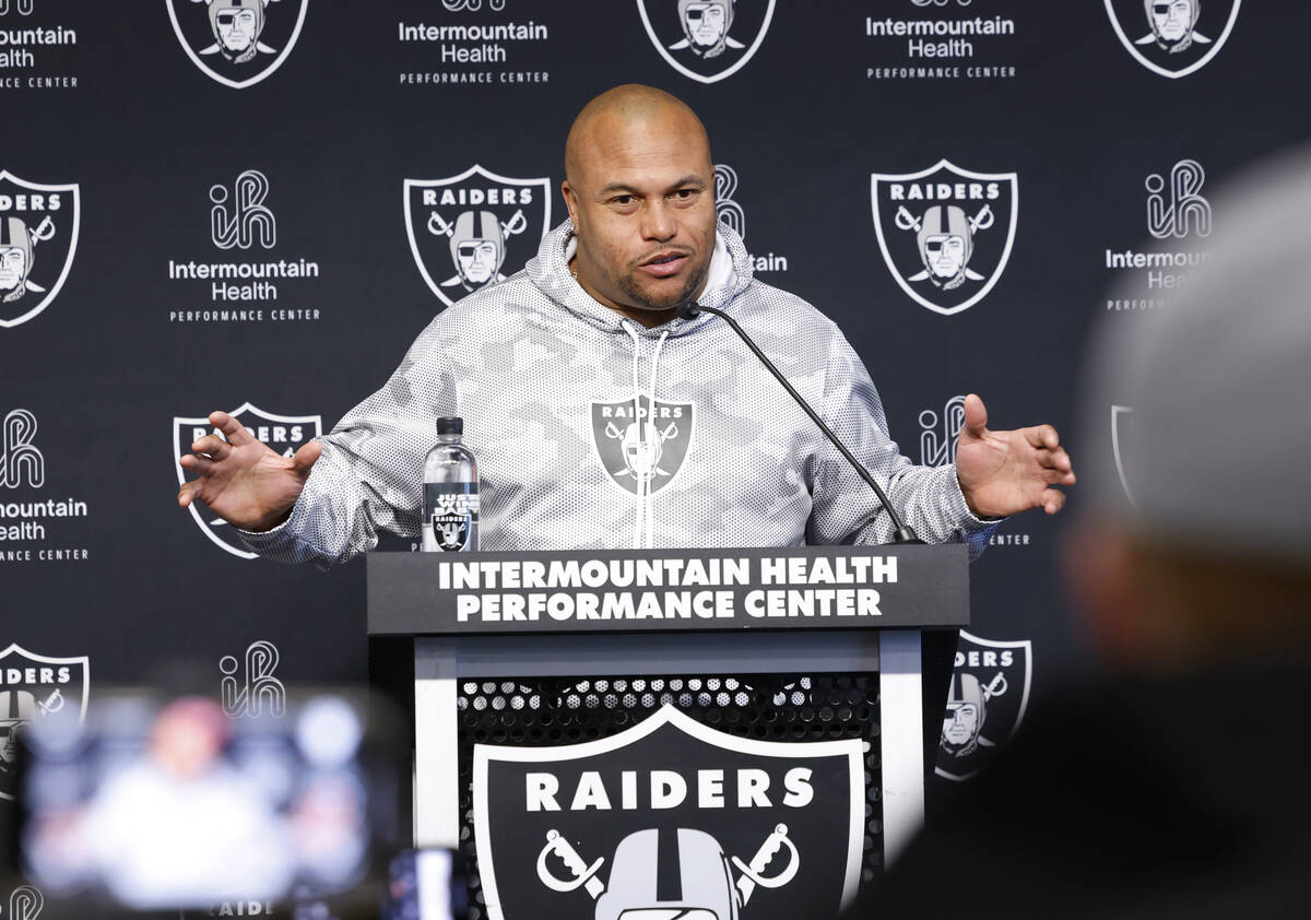 Raiders head coach Antonio Pierce speaks during a news conference before Raiders rookies' pract ...