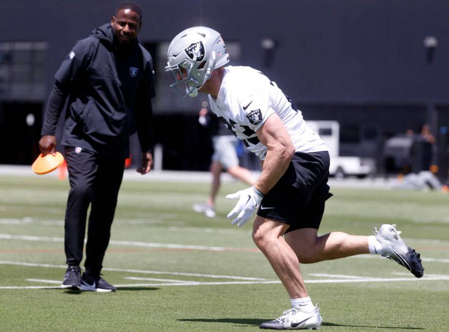 Raiders rookie running back Dylan Laube (23) sprints during rookies first day of practice at th ...