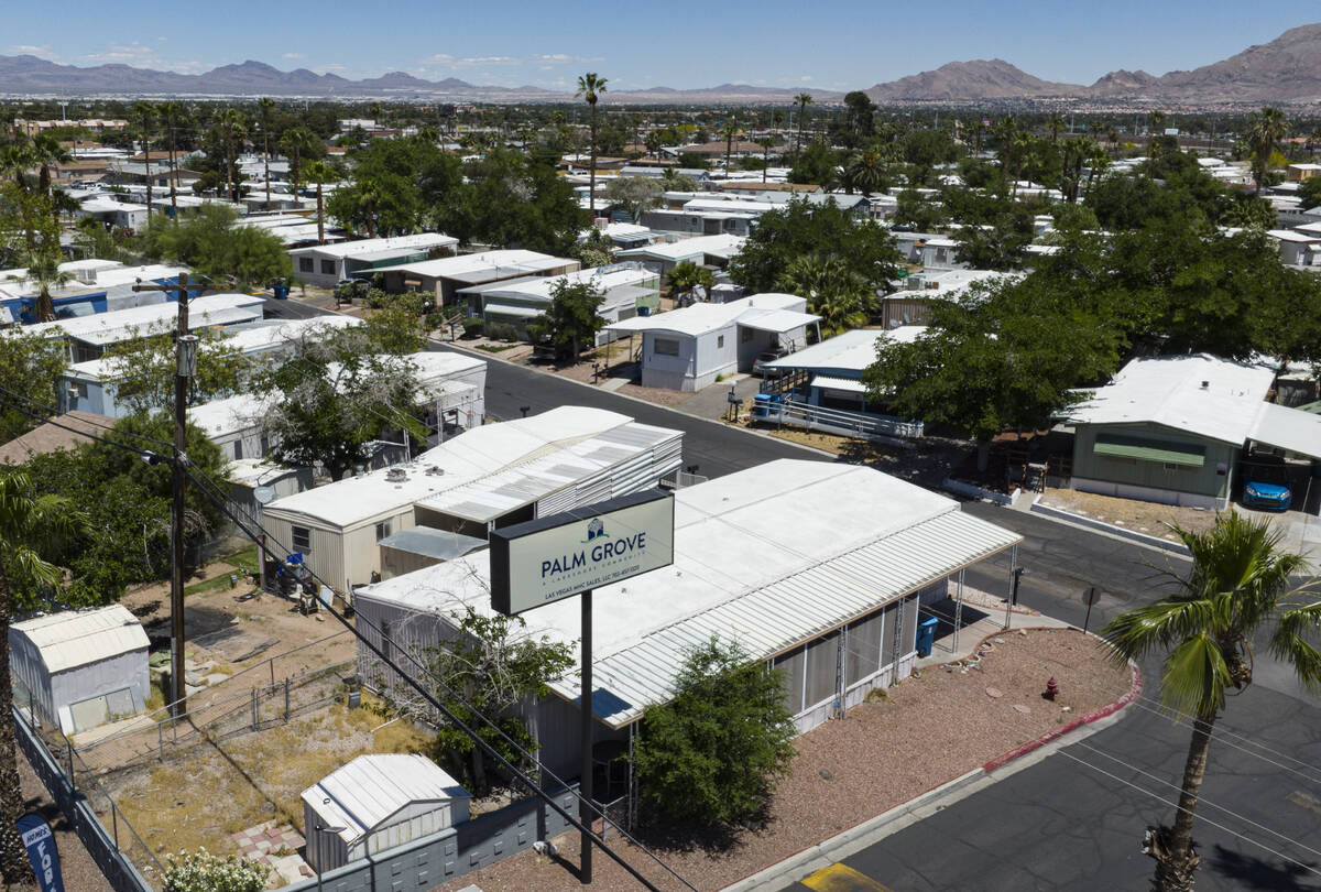 An aerial view of the Palm Grove Senior Mobile Home Park, on Thursday, May 9, 2024, in Las Vega ...