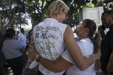 Finn Settles, 24, left, and Renee Arellano, 45, greet each other at a 2022 rally in Los Angeles ...