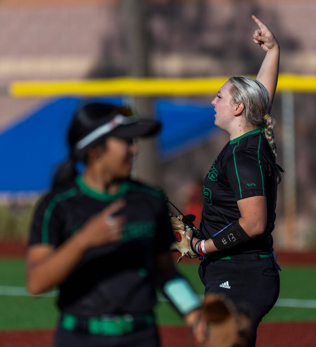 Palo Verde pitcher Brandi Odom (13) signals to her outfield against Douglas during the second i ...