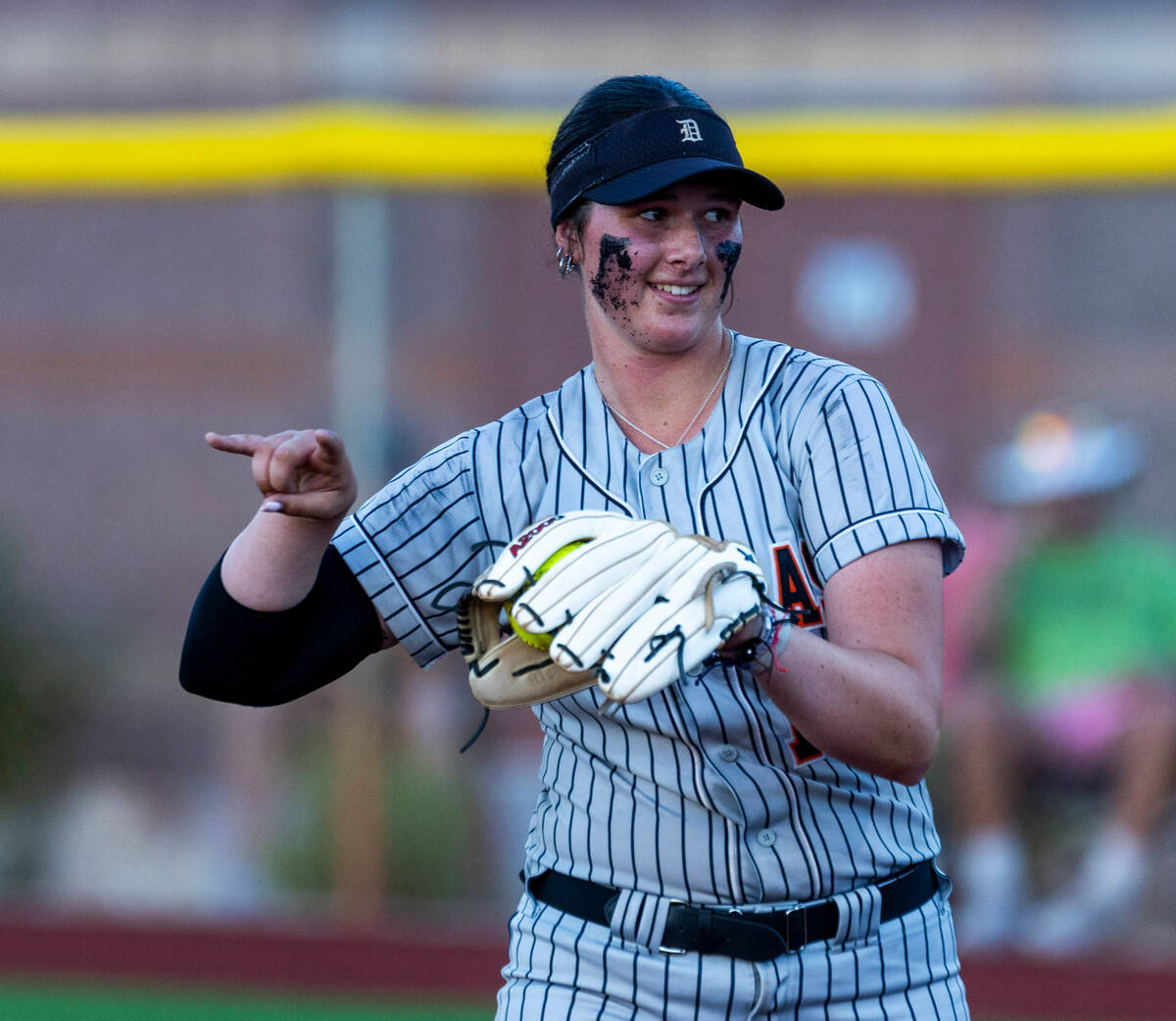 Douglas pitcher Talia Tretton (19) signals two outs against Palo Verde during the seventh innin ...