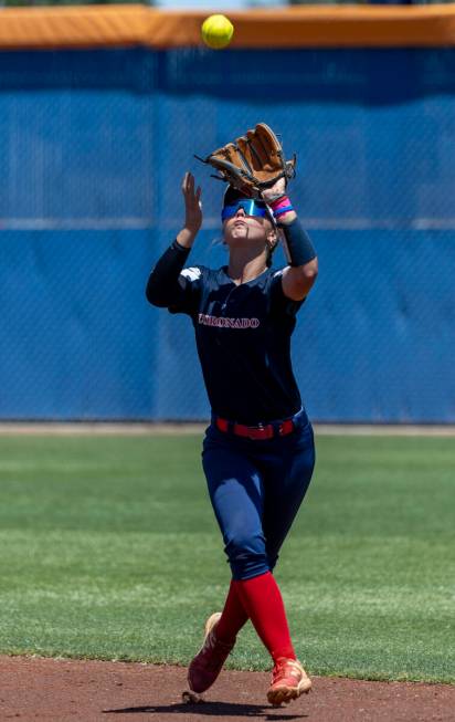 Coronado infielder Bailey Goldberg (1) looks in a Douglas pop fly during the third inning of t ...