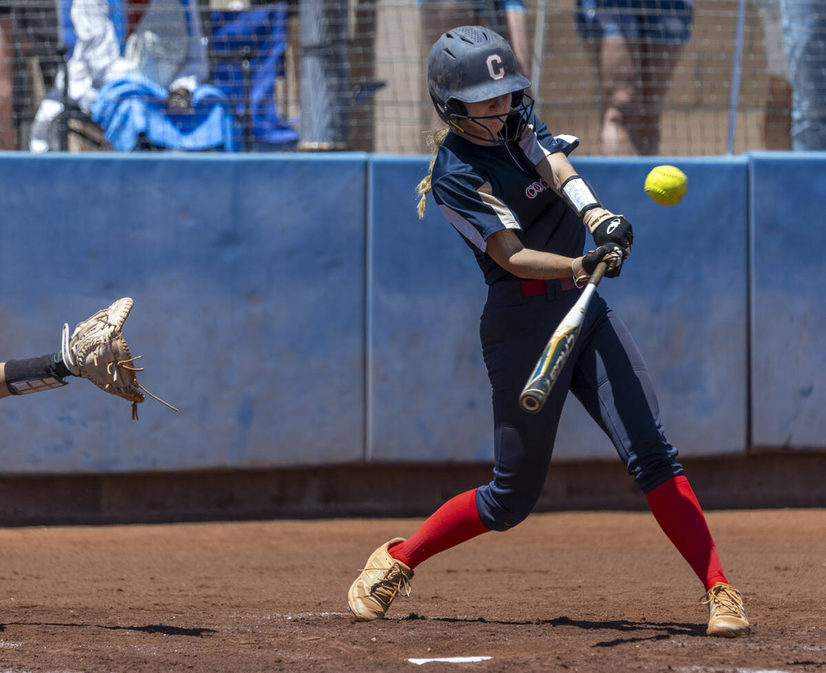 Coronado batter Mary Lou Tsunis (10) connects with a Douglas pitch during the fourth inning of ...