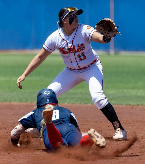 Coronado runner Kendall Selitzky (9) slides safely into second base as the throw is late to Dou ...