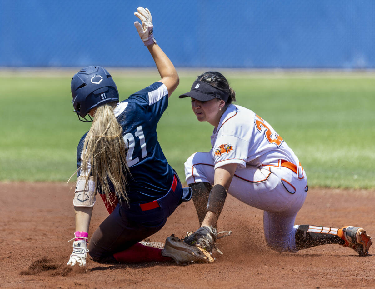 Coronado runner Charlotte Bendlin (21) slides safely into second base as the tag is late by Dou ...