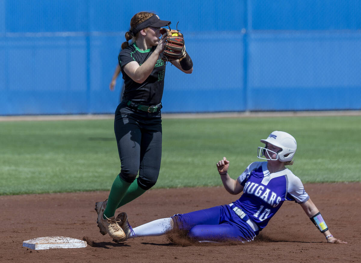 Palo Verde infielder Mya Bartlett (18) makes the tag at second base and looks to throw as Spani ...
