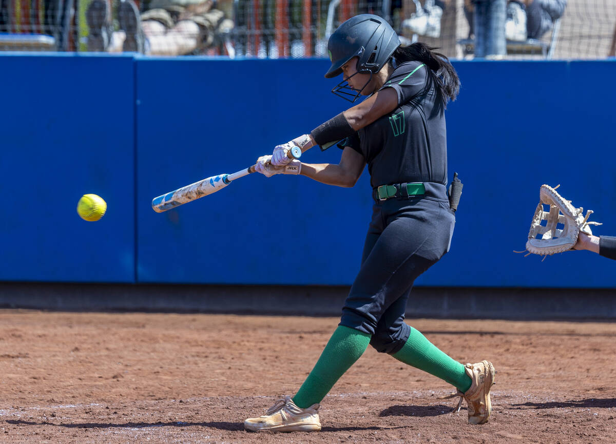 Palo Verde batter Makayla Enriquez (17) connects on a Spanish Springs pitch during the fourth i ...