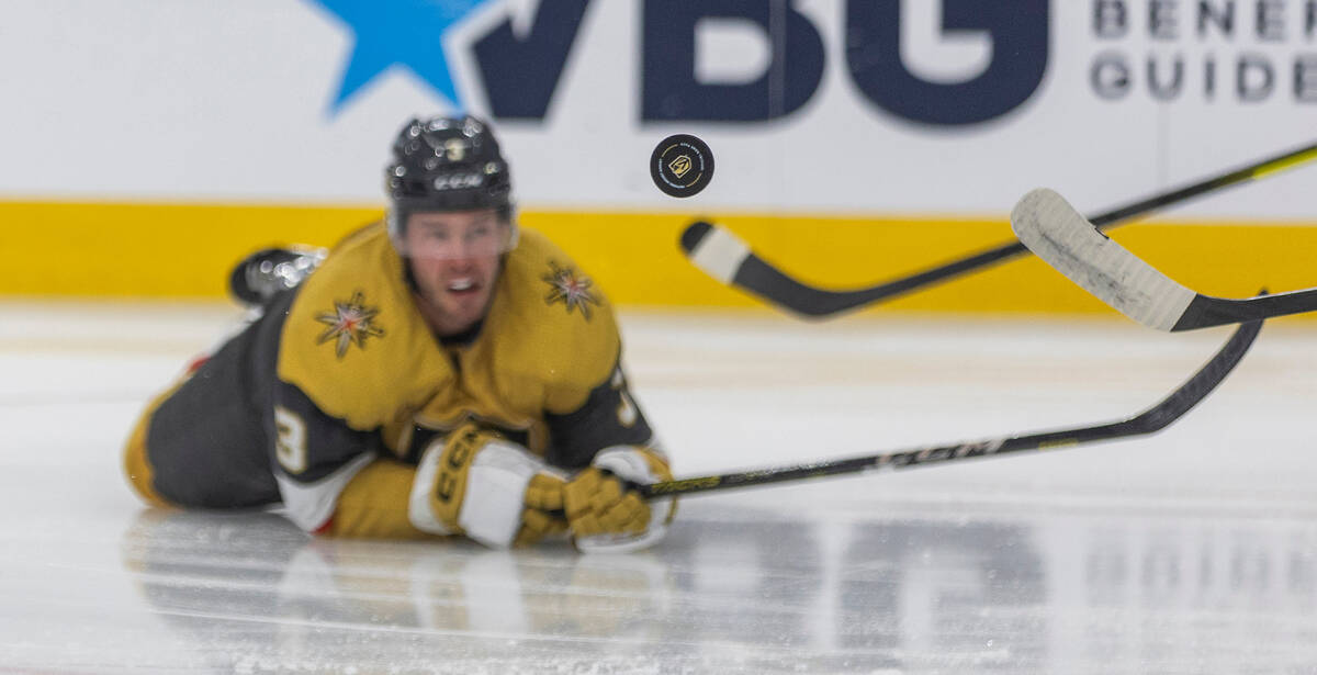 Golden Knights defenseman Brayden McNabb (3) eyes the puck against the Dallas Stars during the ...