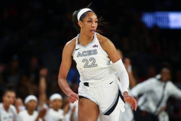 Las Vegas Aces center A'ja Wilson (22) runs up the court during the first half of a WNBA basket ...