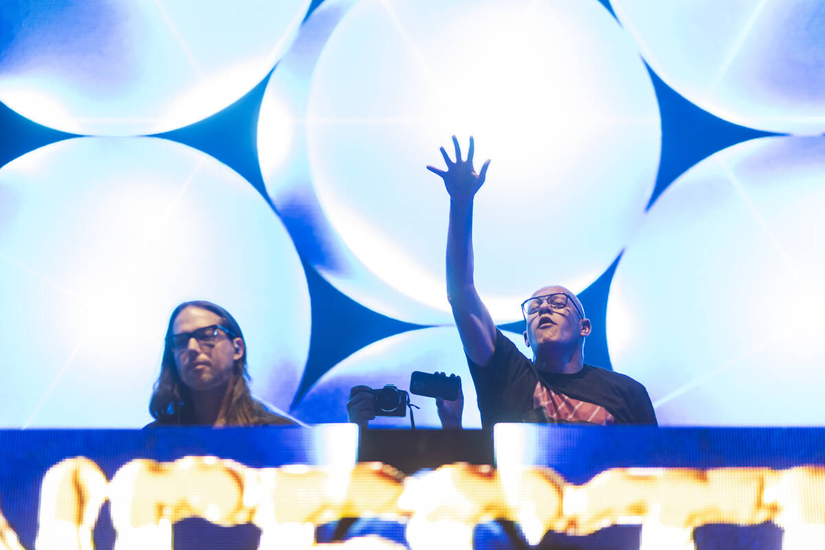 Erez Eisen, left, and Amit Duvdevani of Infected Mushroom perform at the Quantum Valley stage d ...
