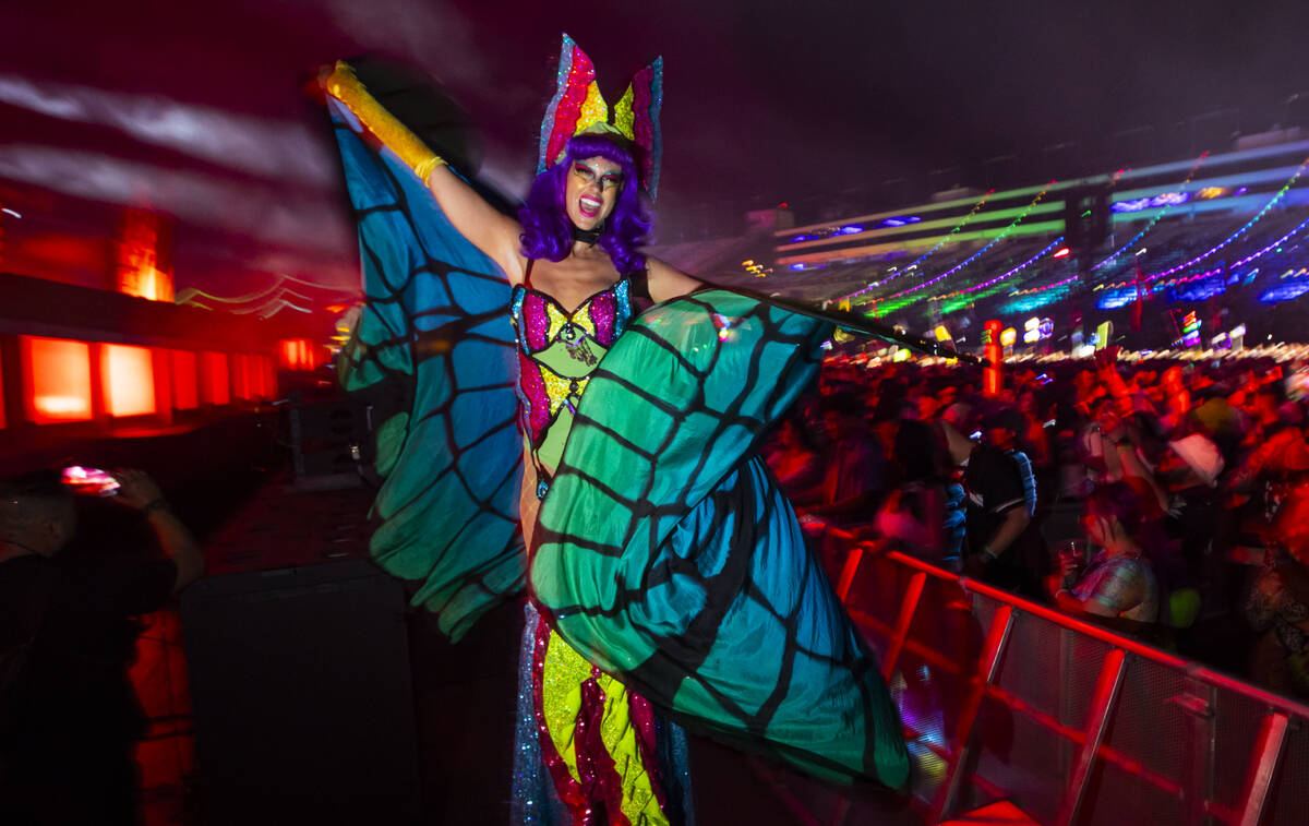 A costumed performer entertains the crowd at the Cosmic Meadow stage during the first night of ...