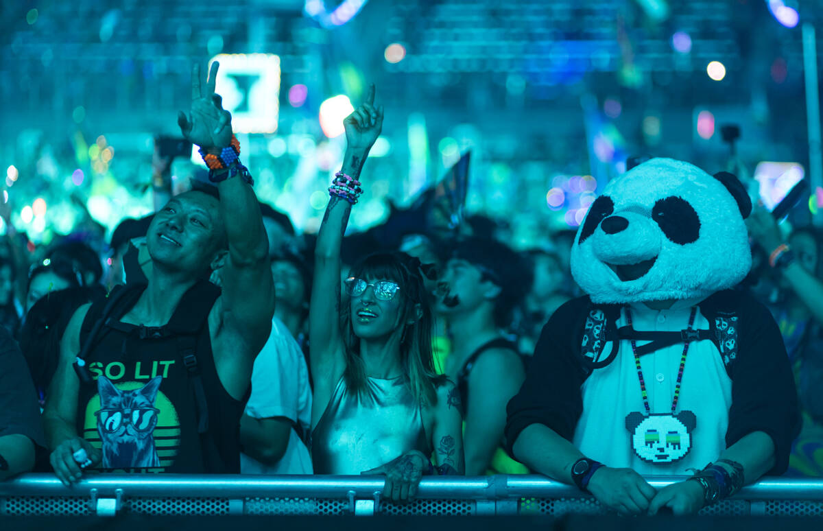 Attendees dance at the Cosmic Meadow stage during the second night of the Electric Daisy Carniv ...