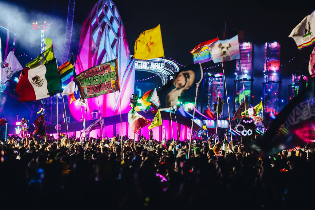 EDM enthusiasts wave flags in the air during a DJ set on the second day of the Electric Daisy C ...