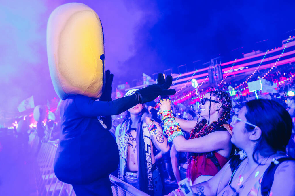 A festival attendee gifts a costumed performer a kandi bracelet during the second day of the El ...