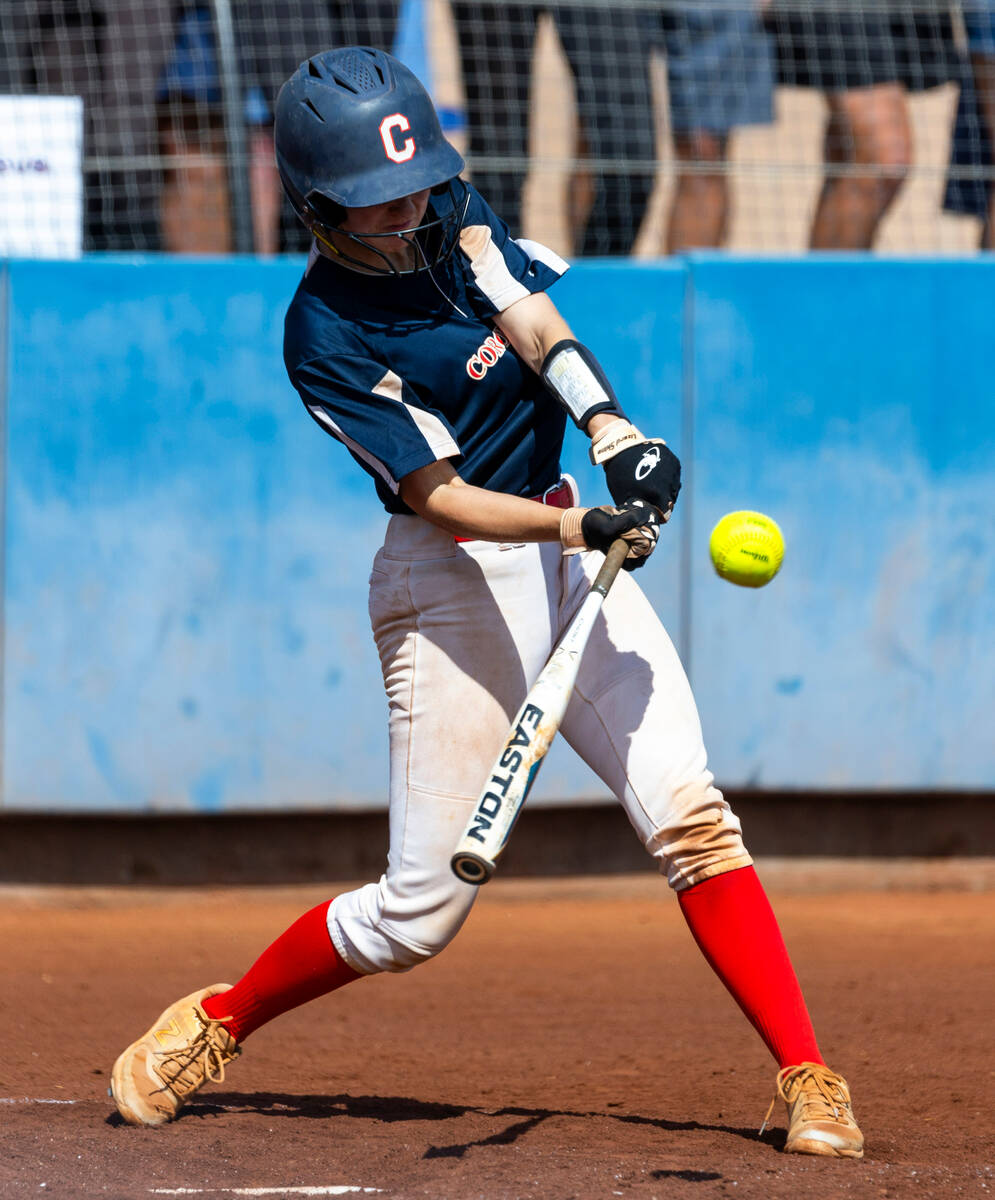 Coronado batter Mary Lou Tsunis (10) connects with a Douglas pitch during the third inning of t ...