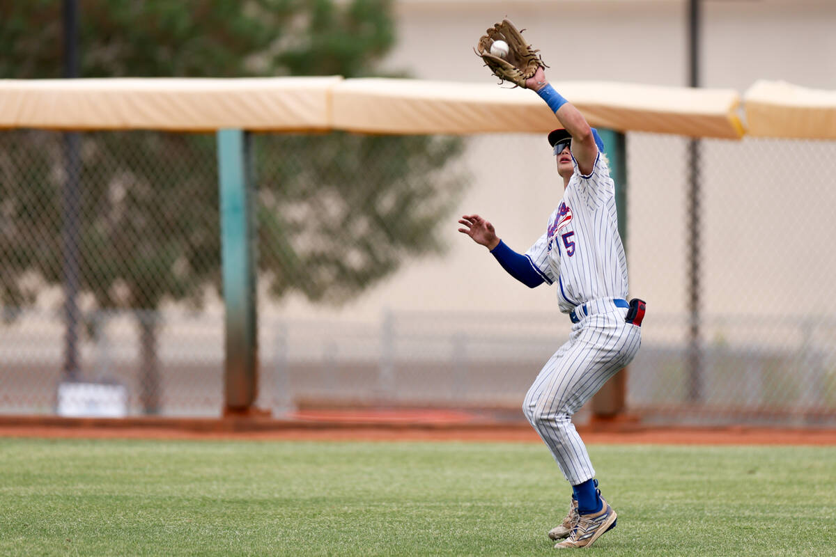 Reno outfielder Dawson Planeta (5) catches for an out on Palo Verde during a Class 5A baseball ...