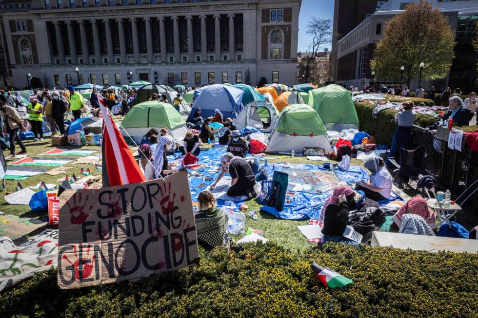 A sign sits erected at the pro-Palestinian demonstration encampment at Columbia University in N ...