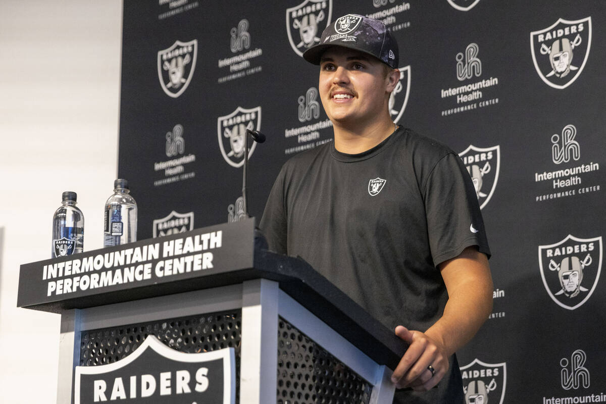 Raiders quarterback Aidan O’Connell reacts to a question asked at a media availability o ...