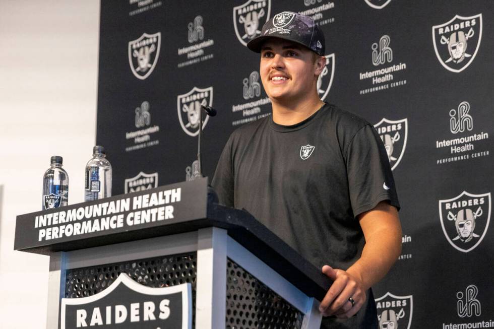 Raiders quarterback Aidan O’Connell reacts to a question asked at a media availability o ...