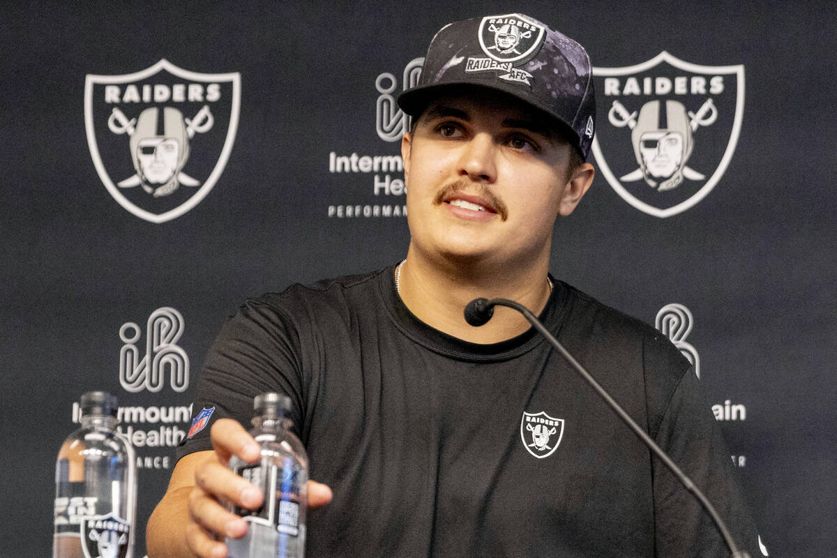 Raiders quarterback Aidan O’Connell takes questions during a media availability on the f ...