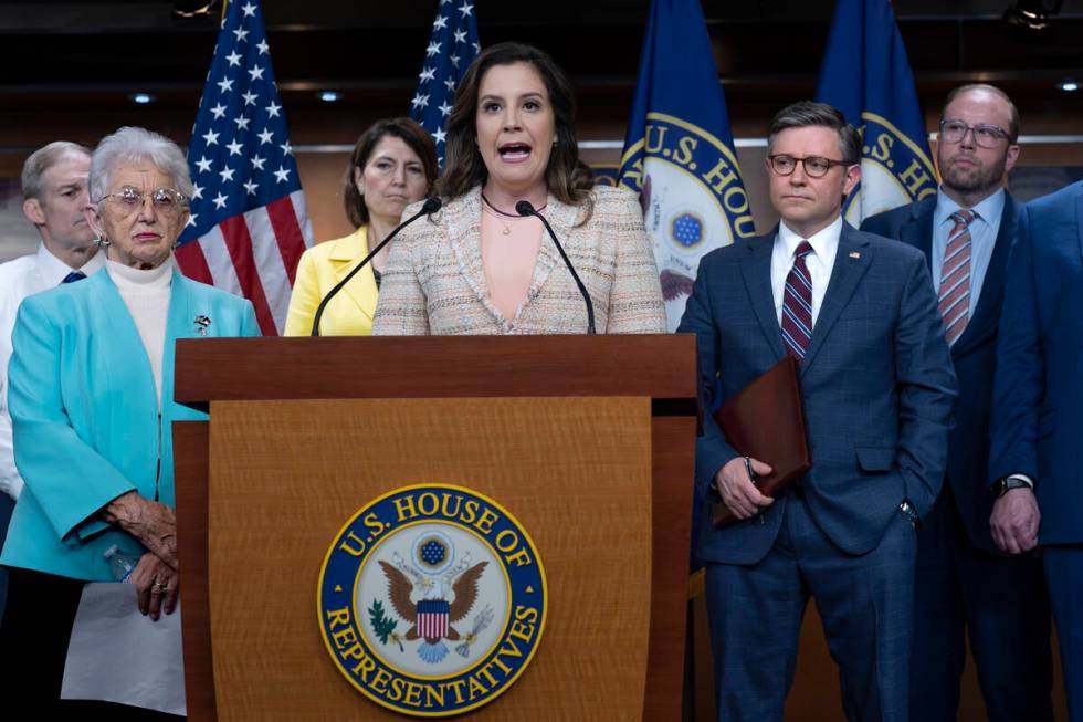 FILE - Chair of the House Republican Conference Rep. Elise Stefanik, R-N.Y., talks to reporters ...