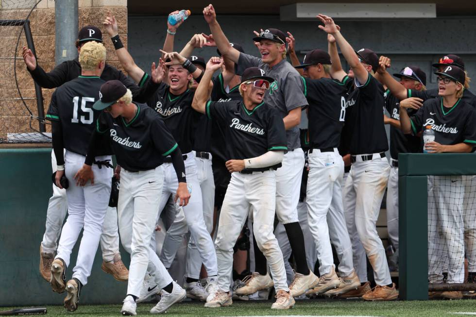 Palo Verde celebrates after infielder Andrew Kaplan (15) scored during a Class 5A baseball sta ...