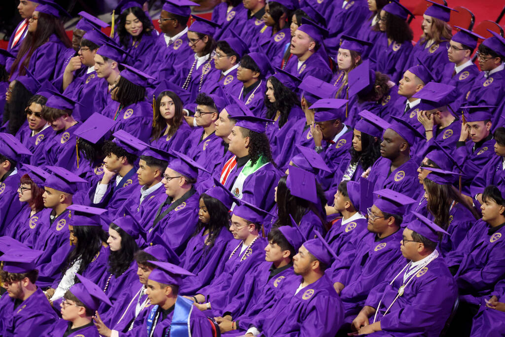 Durango High School students listen to a speaker during graduation at Thomas & Mack Center ...