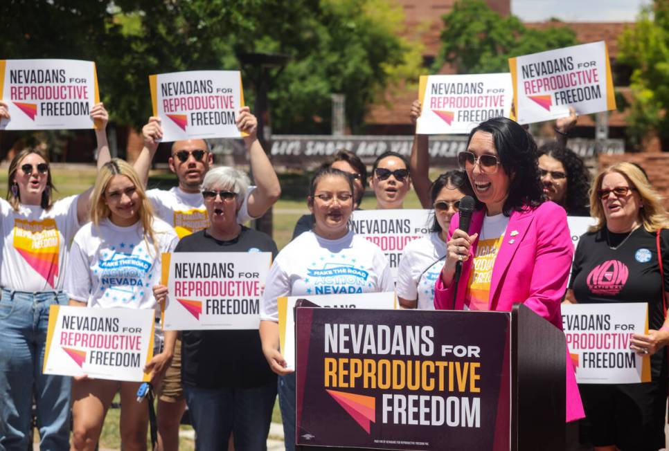 Lindsey Harmon, president of Nevadans for Reproductive Freedom, addresses the media during a pr ...