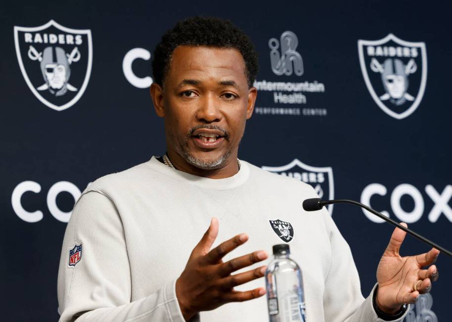 Raiders defensive coordinator Patrick Graham speaks during a news conference before organized t ...