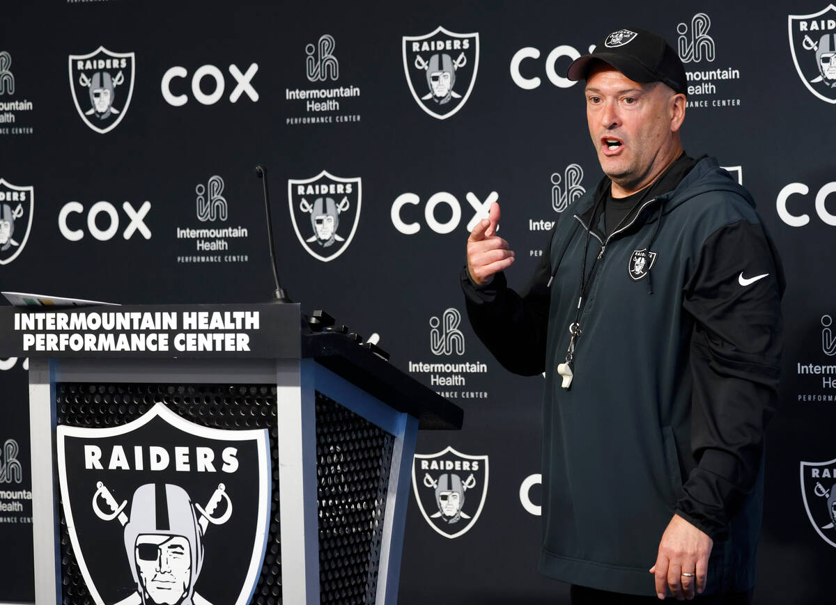 Raiders special teams coordinator Tom McMahon speaks during a news conference before organized ...