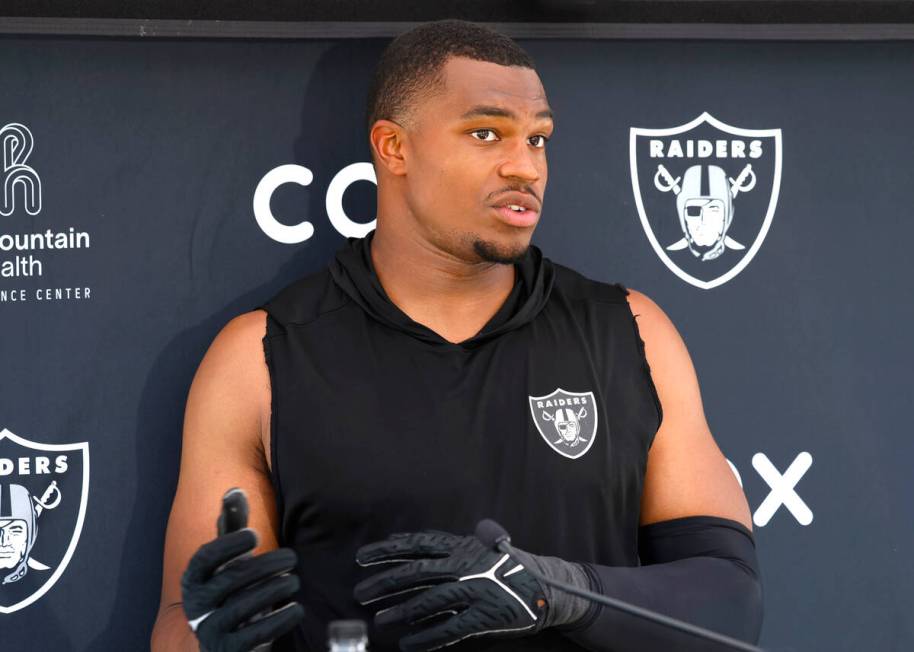 Raiders defensive end Tyree Wilson addresses the media after participating in organized team ac ...