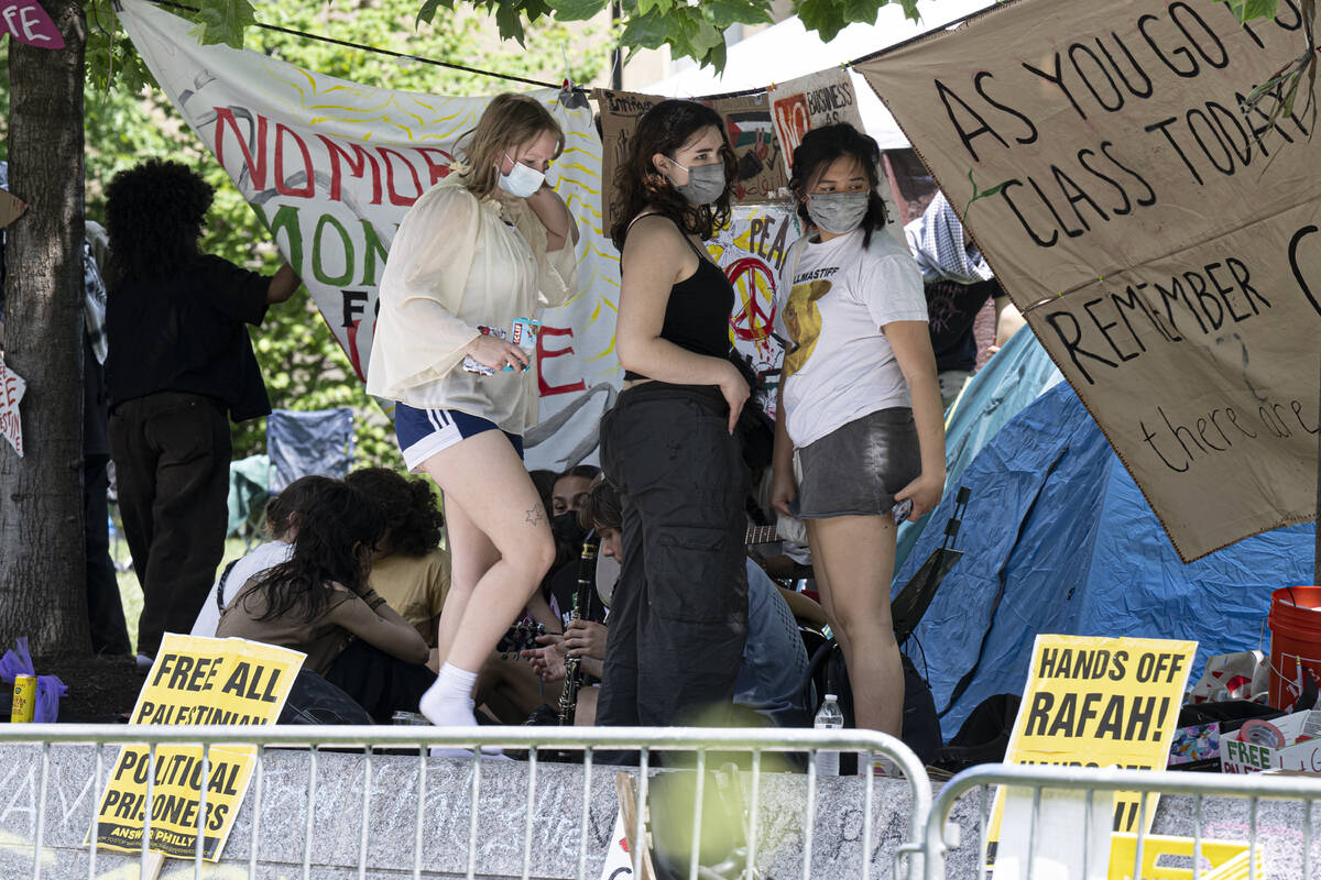 Protesters gather at Drexel University campus during a new Pro-Palestinian encampment on Monday ...