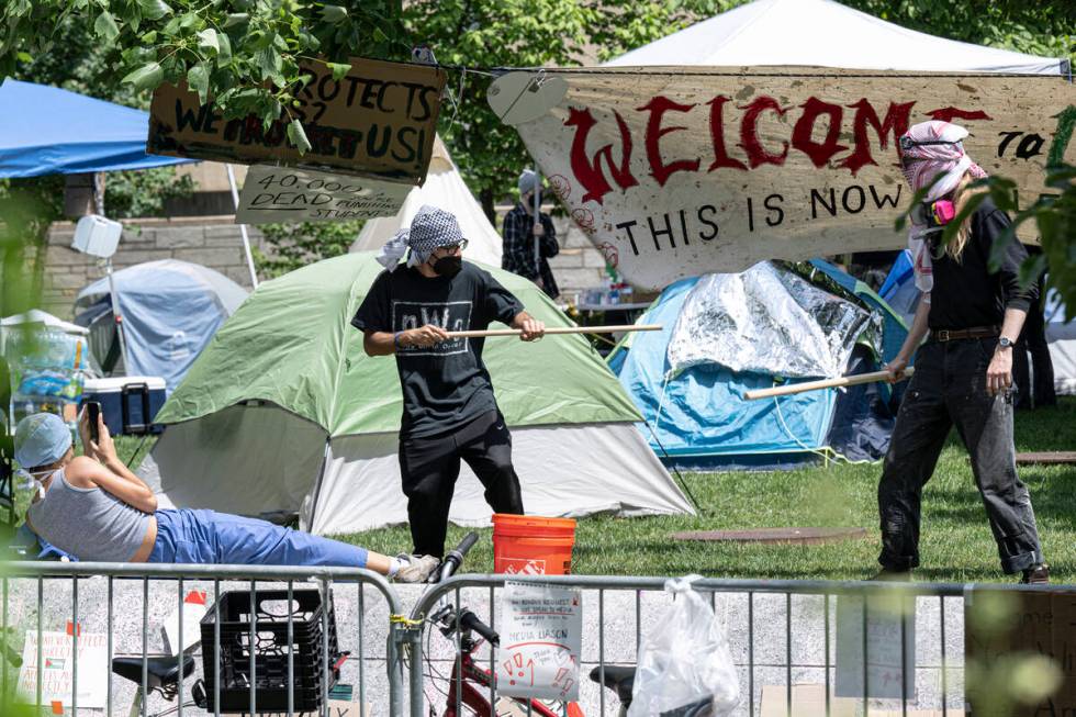 Protesters gather at Drexel University campus during a new Pro-Palestinian encampment on Monday ...