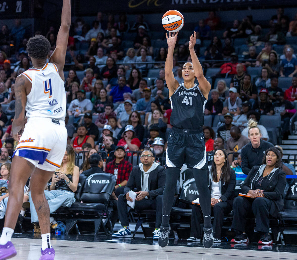 Aces center Kiah Stokes (41) lets go of a three-point basket against the Phoenix Mercury during ...